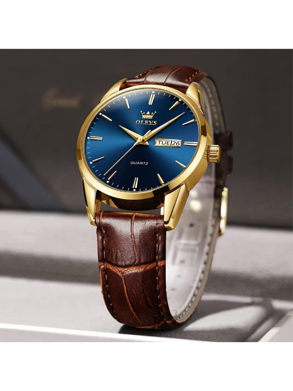 Men's Blue Dial Quartz Leather Brown Buckle Waterproof Luminous Round Watch - Picture 5 of 6